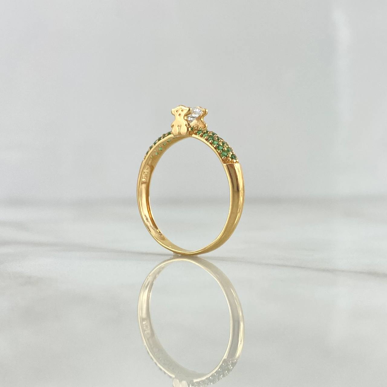 Anillo Solitario Oso TS 1.9gr / T8 / Circones Verdes Y Blanco Oro Amarillo 18K *