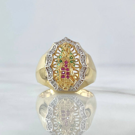 Anillo Virgen Guadalupe Silueta 6.85gr / T8 3/4 / Circones Blancos Verdes Y Fucsias Oro Amarillo 18K *