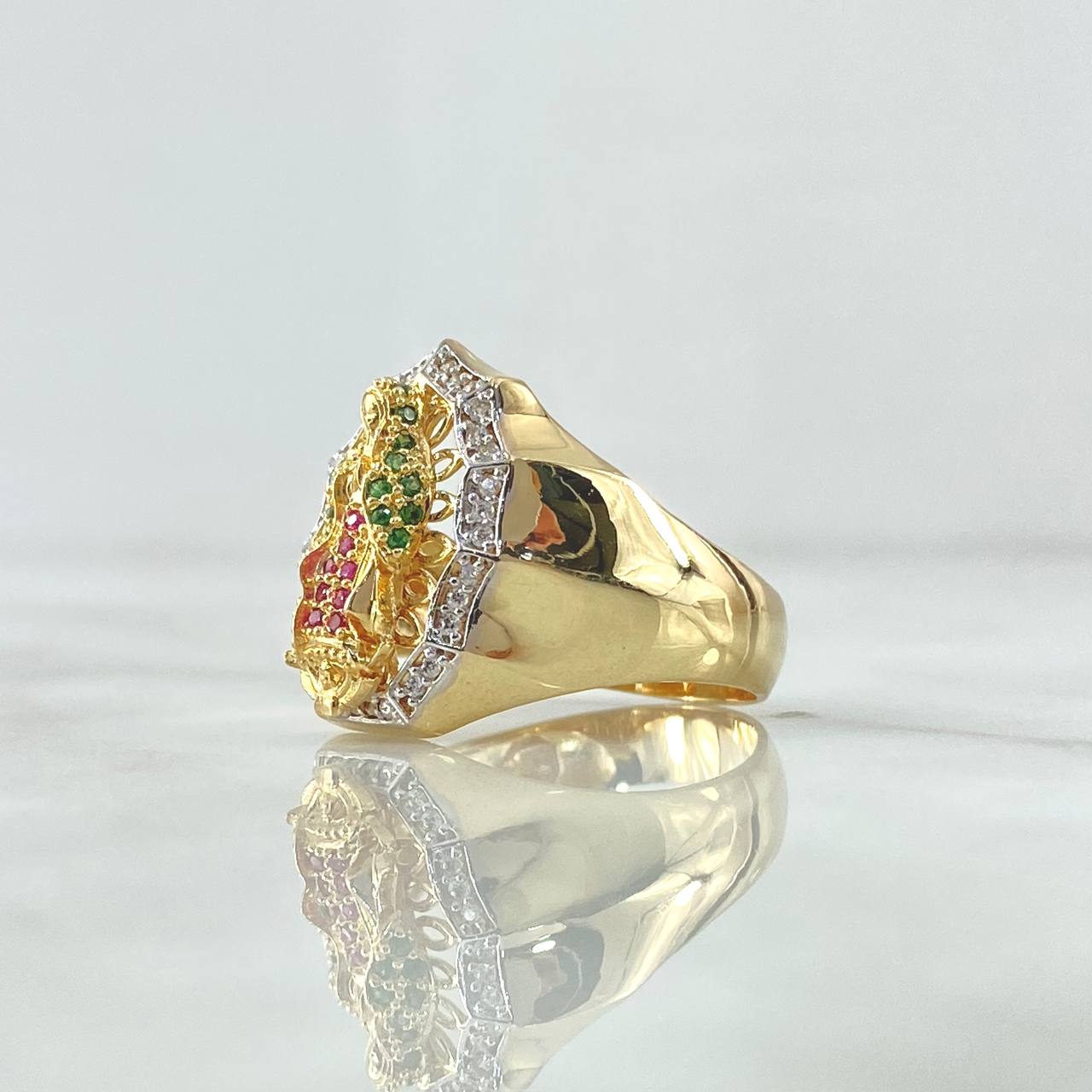 Anillo Virgen Guadalupe Silueta 6.85gr / T8 3/4 / Circones Blancos Verdes Y Fucsias Oro Amarillo 18K *