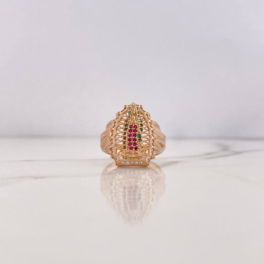 Anillo Virgen Guadalupe 7gr / T6 3/4 / Circones Fucsias Verdes Blancos Oro Rosa 18K &