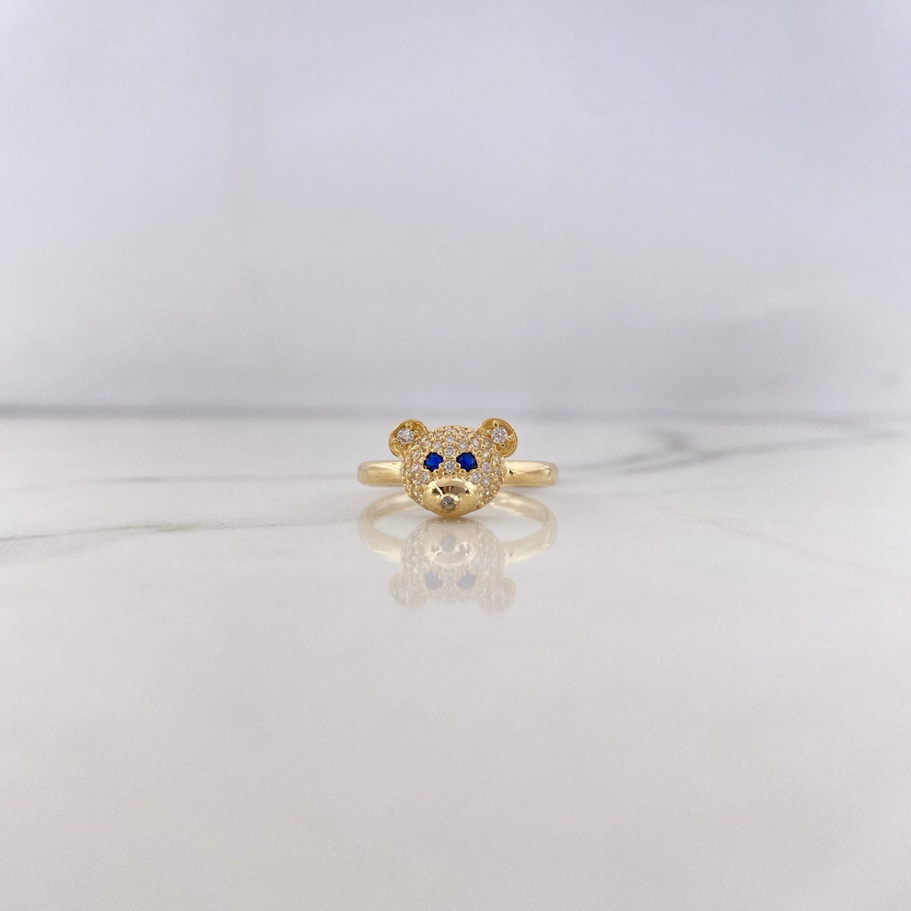 Anillo Rostro Oso 2.35gr / T7 1/4 / Circones Blancos Azules Oro Amarillo 18K #