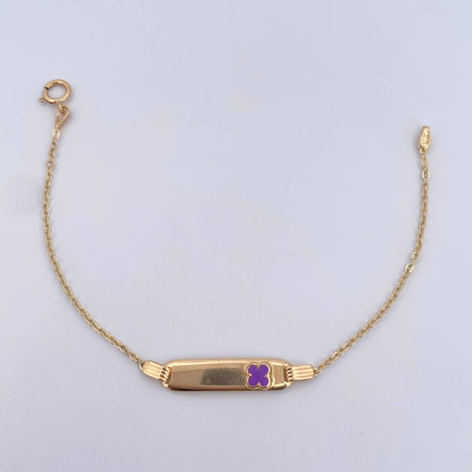 Pulso Bebe Aro Seguido 1.45gr / 15cm / Placa Rectangular Curva Trebol Morado Oro Amarillo 18K &