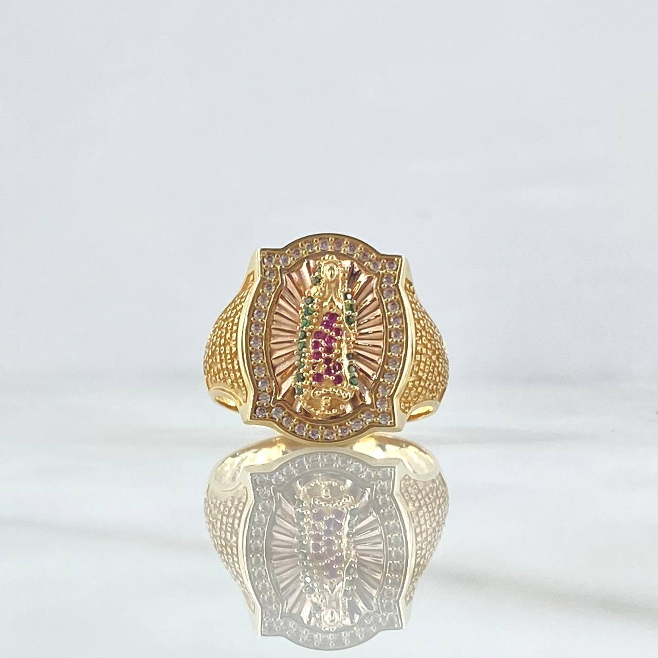 Anillo Marco Virgen Guadalupe 8.75gr / T10 1/4 / Circones Blancos Verdes Y Fucsias Dos Oros Amarillo Rosa 18K