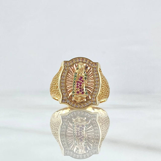 Anillo Marco Virgen Guadalupe 9.3gr / T10 1/2 / Circones Fucsias Verdes Y Blancos Dos Oros Amarillo Rosa 18K *