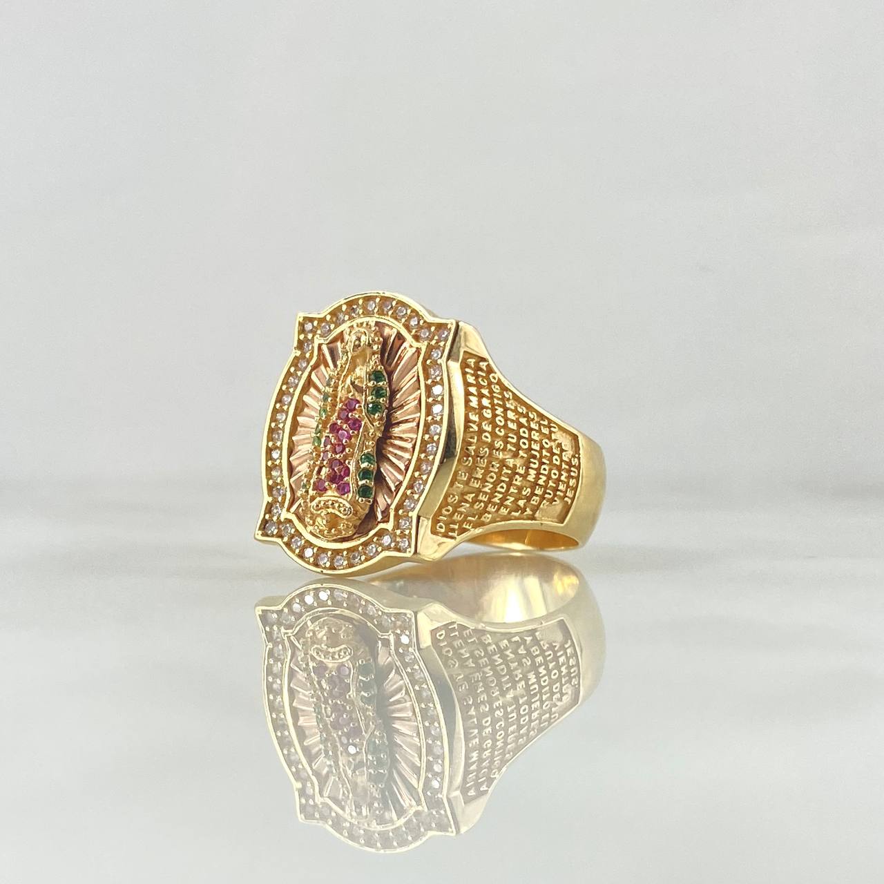 Anillo Marco Virgen Guadalupe 8.75gr / T10 1/4 / Circones Blancos Verdes Y Fucsias Dos Oros Amarillo Rosa 18K