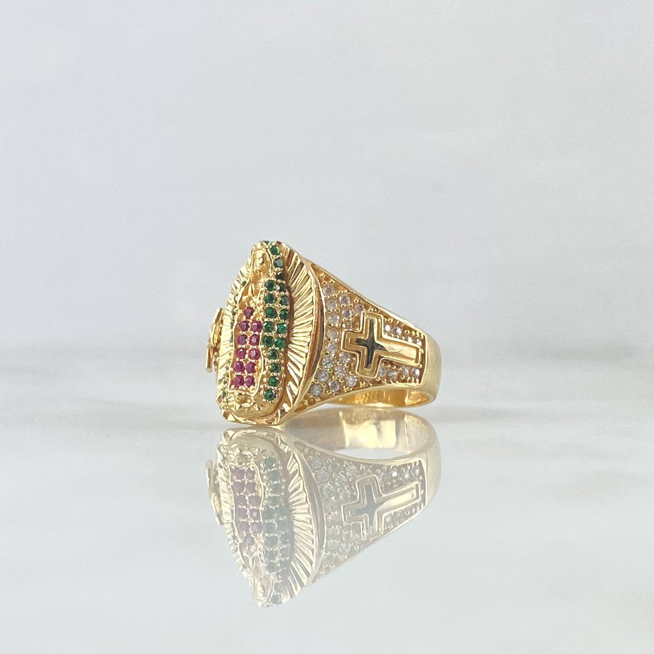 Anillo Virgen Guadalupe Cruces 6.4gr / T7 1/4 / Circones Blancos Verdes Y Fucsias Oro Amarillo 18K