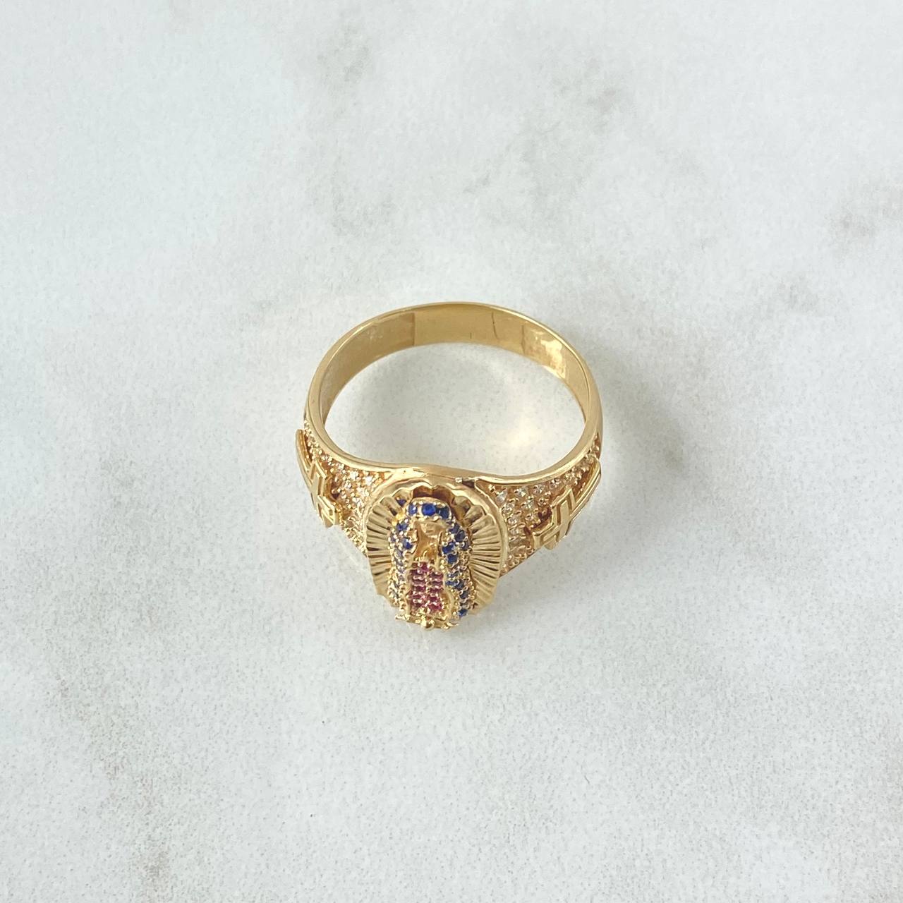 Anillo Virgen Guadalupe Cruces 6.35gr / T7 3/4 / Circones Blancos Verdes Y Azules  Oro Amarillo 18K