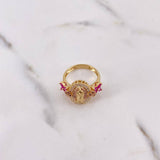 Anillo Virgen Guadalupe Flores 5.7gr / T6 1/4 / Circones Fucsias Blancos Dos Oros Amarillo Rosa 18K $