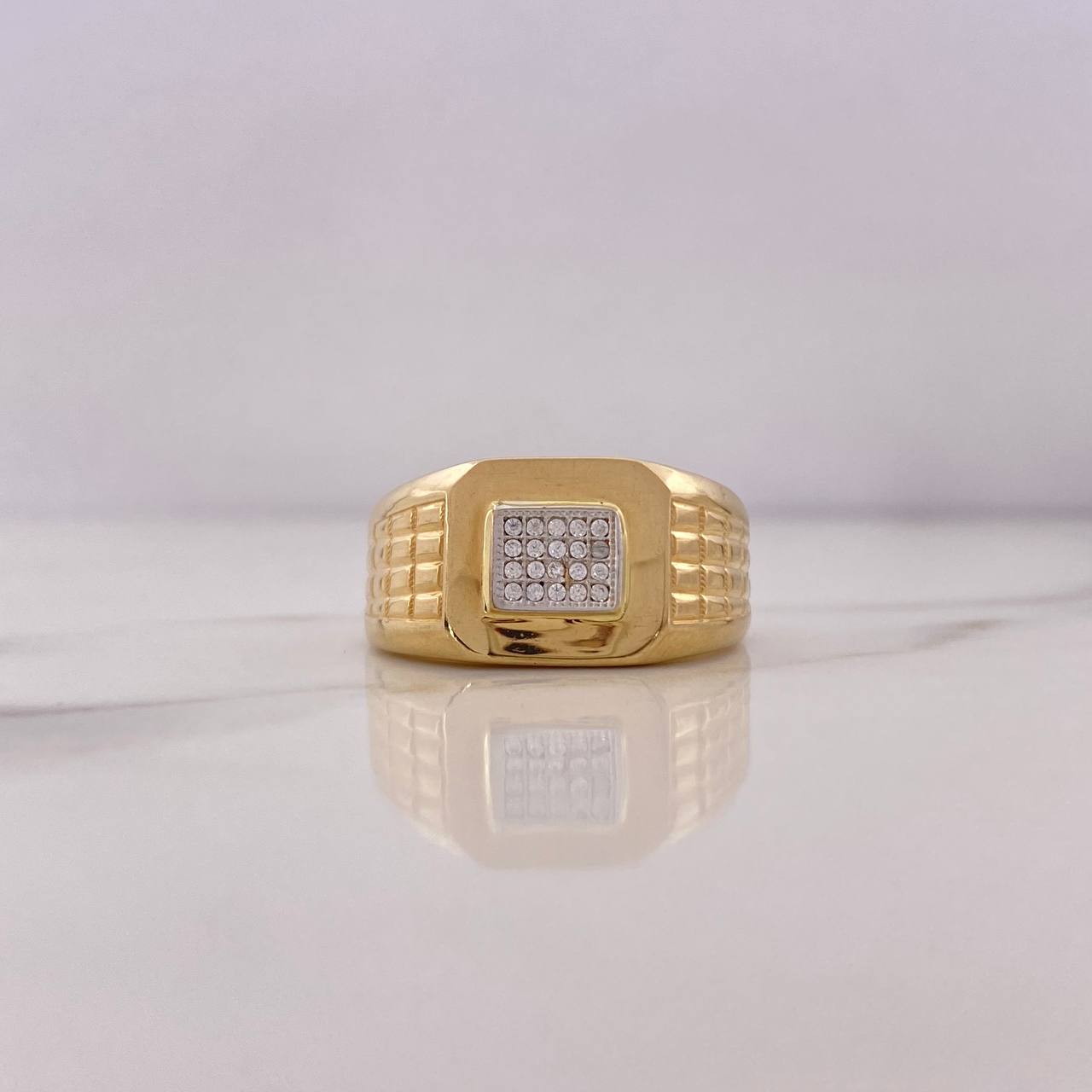 Anillo Sello Correa Cuadrado 8.75gr / T10 1/4 / Circones Blancos Dos Oros Amarillo Blanco 18K #