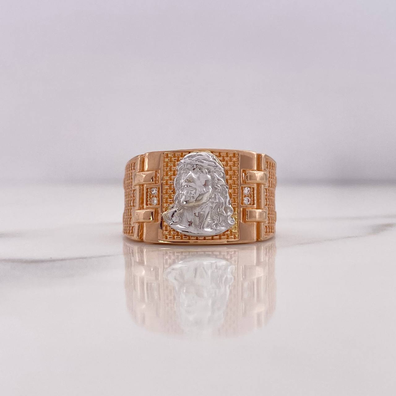 Anillo Cinturon Rostro De Cristo 10gr / T10 1/4 / Circones Blancos Dos Oros Blanco Rosa 18K #