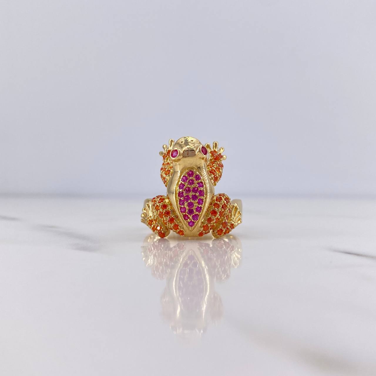 Anillo Rana 8.05gr / T9 1/4 / Circones Fucsias Naranjas Oro Amarillo 18K $