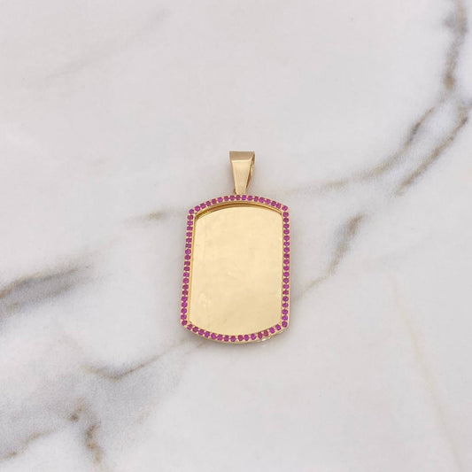 Dije Placa Rectangular 10.35gr / 4.6cm - 3.4cm*2.4cm / Circones Fucsias Oro Amarillo 18K $