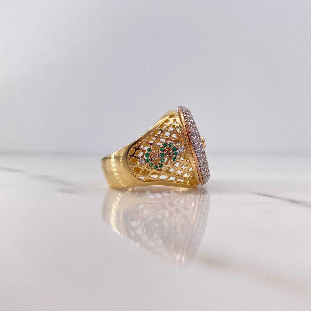 Anillo Ruleta 13.8gr / T10 1/4 / Circones Verde Blancos Dos Oros Amarillo Blanco 18K $