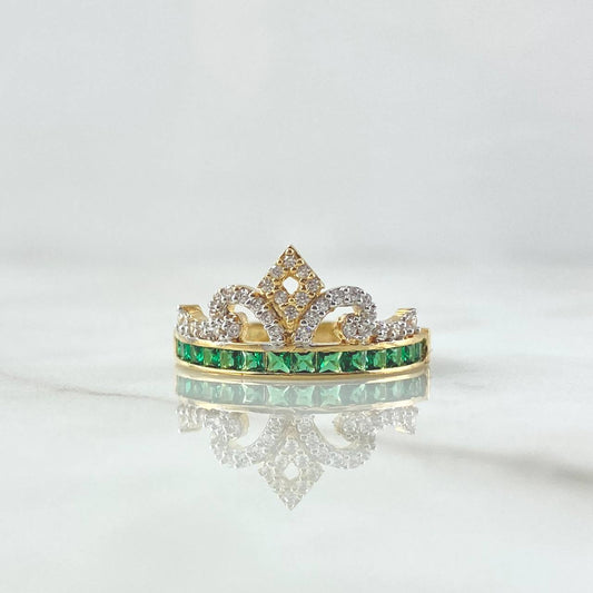 Anillo Corona 3gr / T6 1/2 / Circones Blancos verdes Oro Amarillo 18K ©