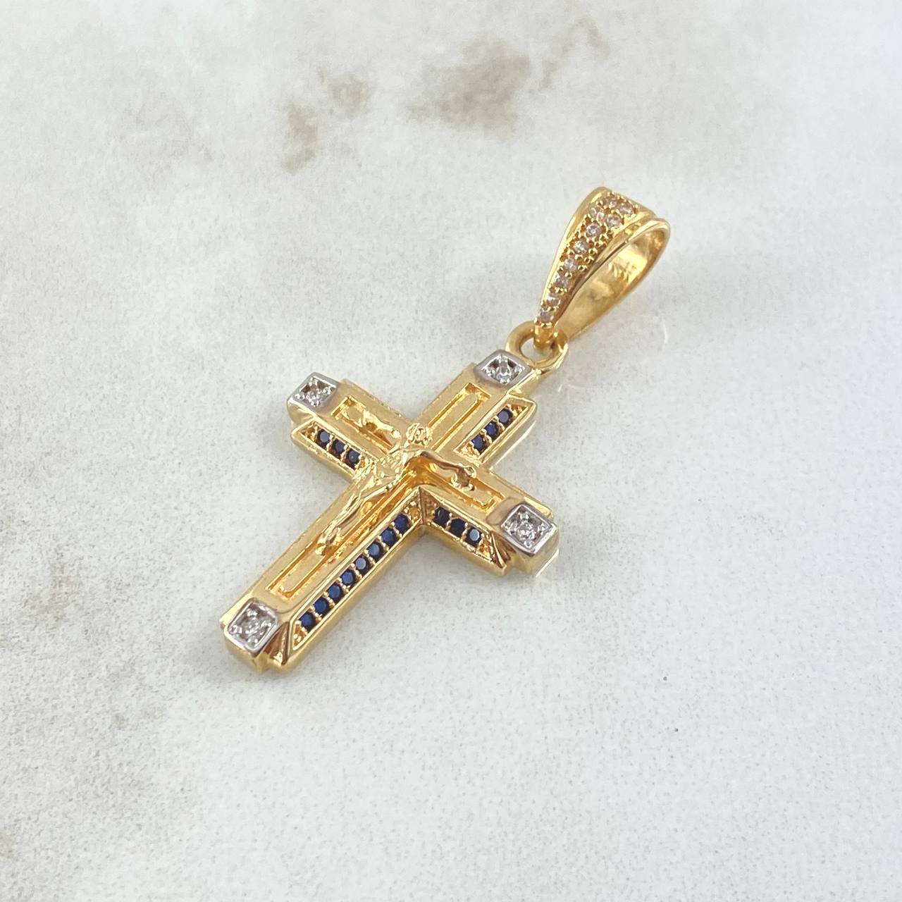 Dije Cruz Cristo Laterales Basteados 5.1gr / 3.5cm / Circones BLancos Azul Oro Amarillo 18K *