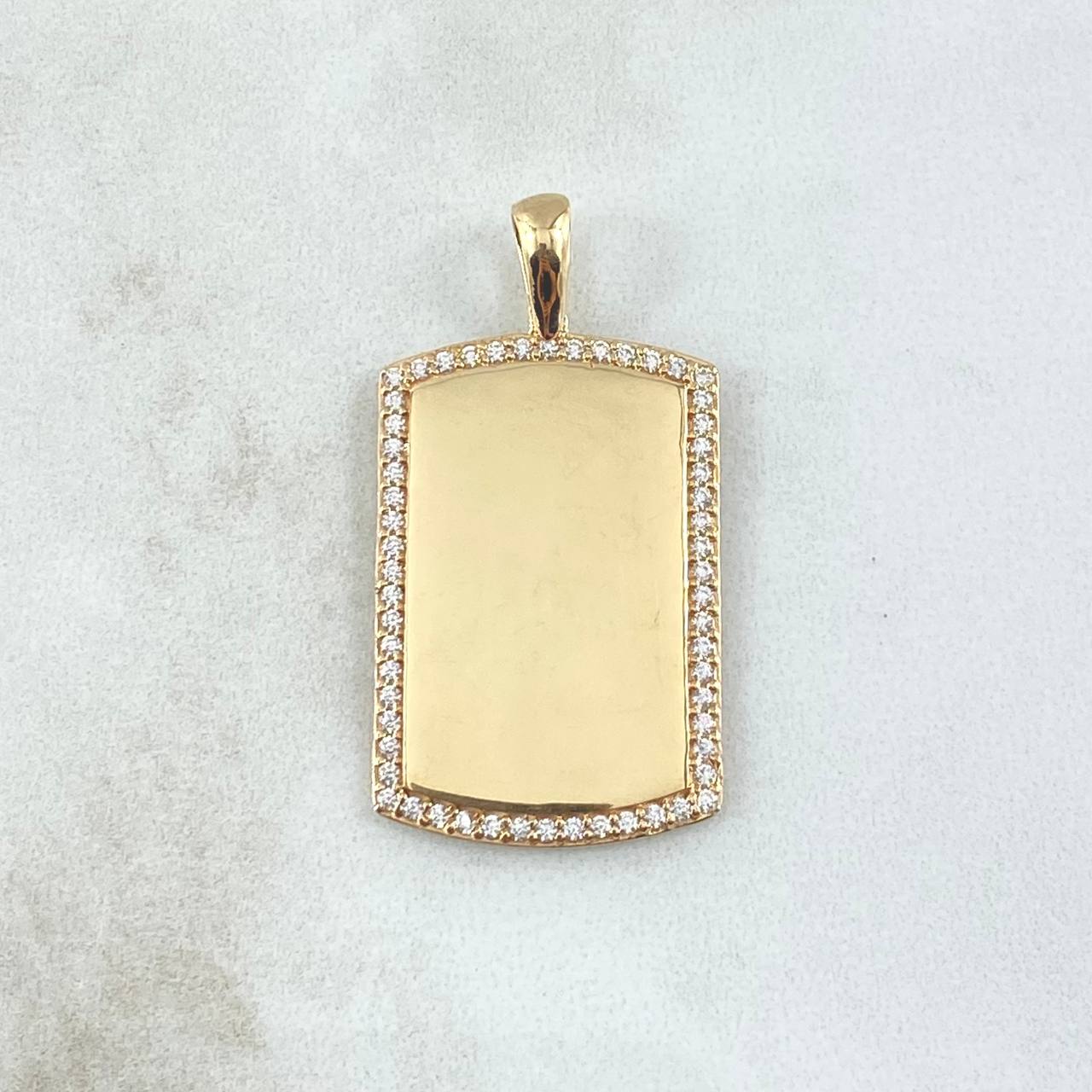 Dije Placa Rectangular Espejo 5.4gr / 3.7cm / Cargador Liso Circones Blancos Oro Amarillo 18K