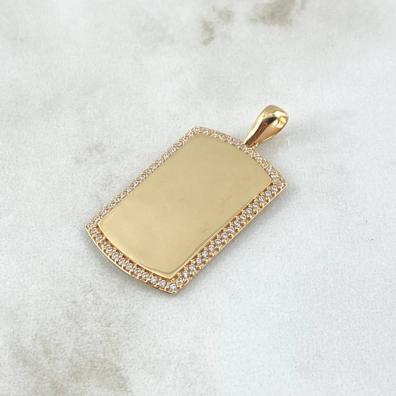 Dije Placa Rectangular Espejo 5gr / 3.7cm / Cargador Liso Circones Blancos Oro Amarillo 18K