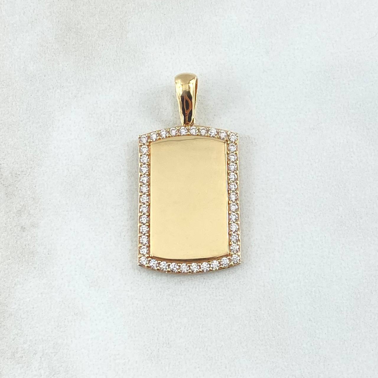 Dije Placa Rectangular Espejo 4.85gr / 3.2cm / Cargador Liso Circones Blancos Oro Amarillo 18K *