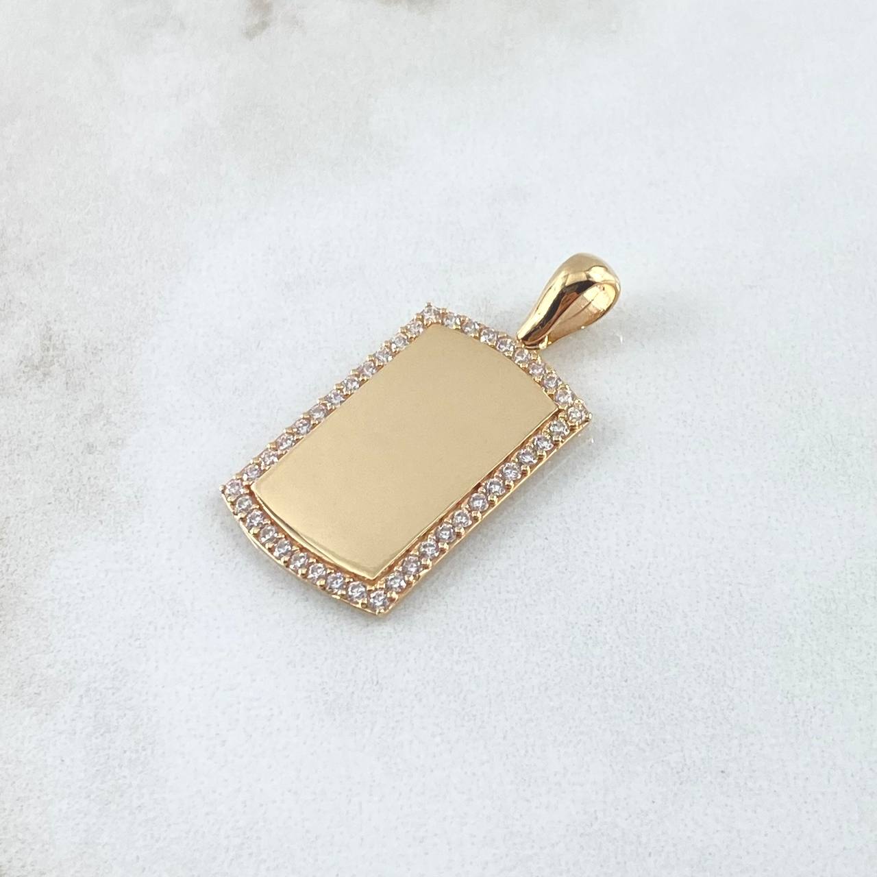 Dije Placa Rectangular Espejo 4.85gr / 3.2cm / Cargador Liso Circones Blancos Oro Amarillo 18K *