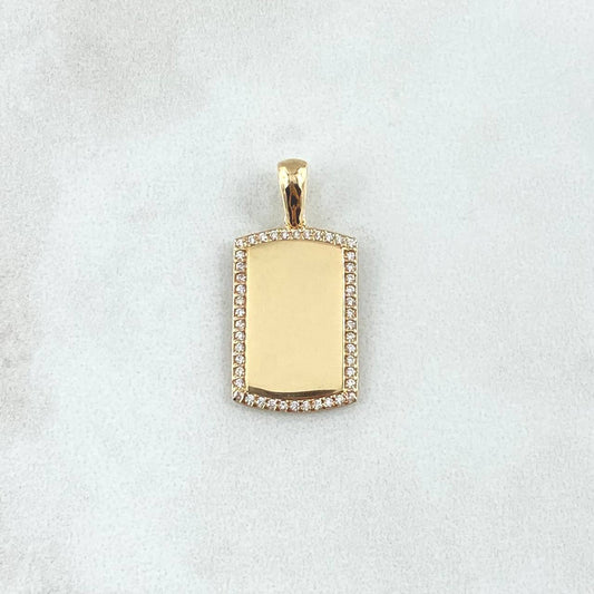 Dije Placa Rectangular Espejo 2.5gr / 2.6cm / Cargador Liso Circones Blancos Oro Amarillo 18K *