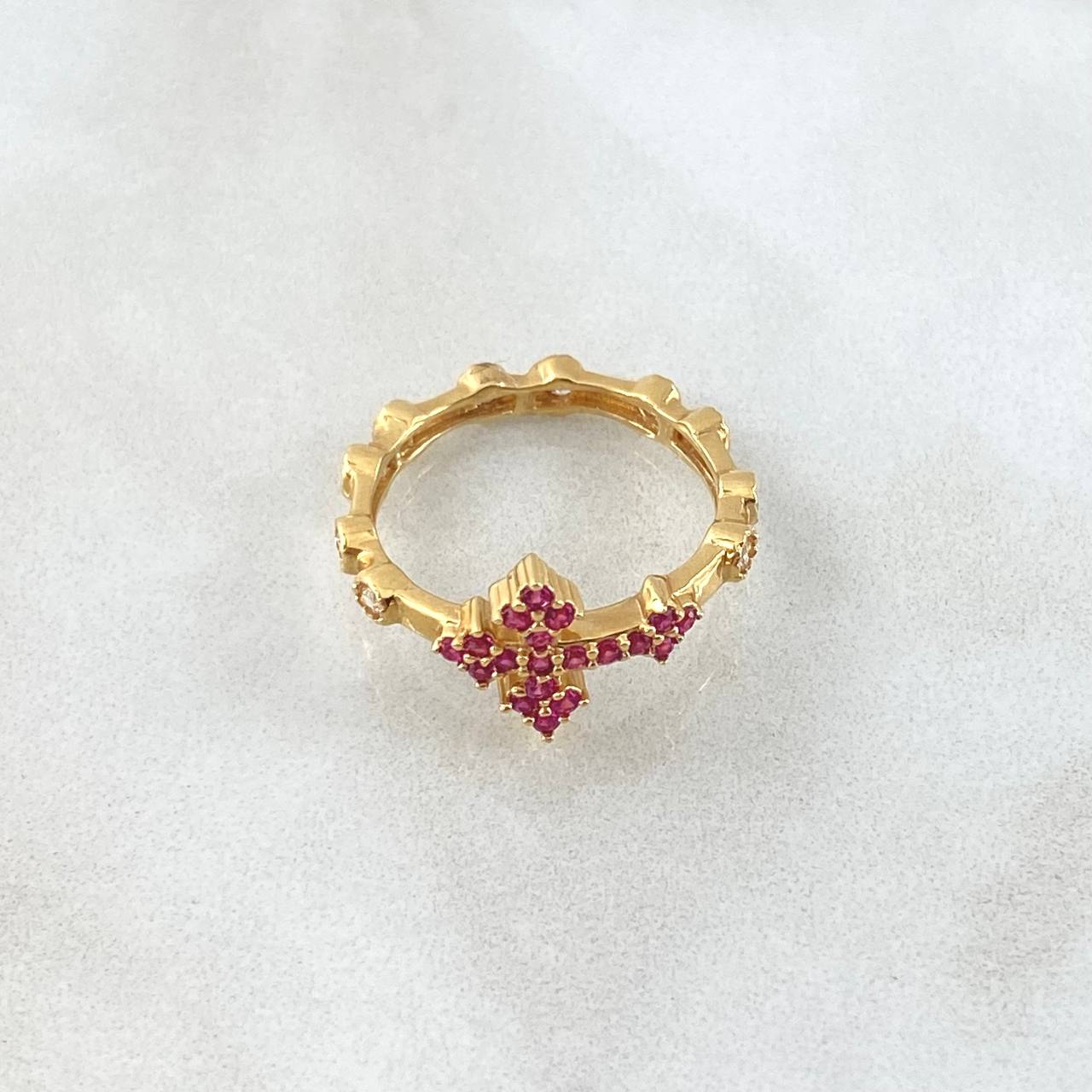 Anillo Cruz 2.75gr / T5 3/4 / Circones Blancos-Fucsias Oro Amarillo