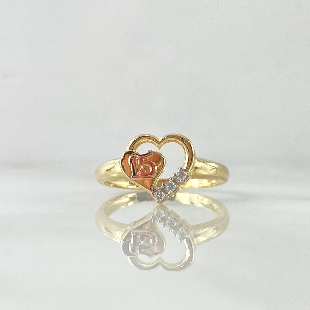 Anillo 15s Corazon 2.55gr-T8 1/4 Circones Blancos Dos Oros Amarillo Rosa