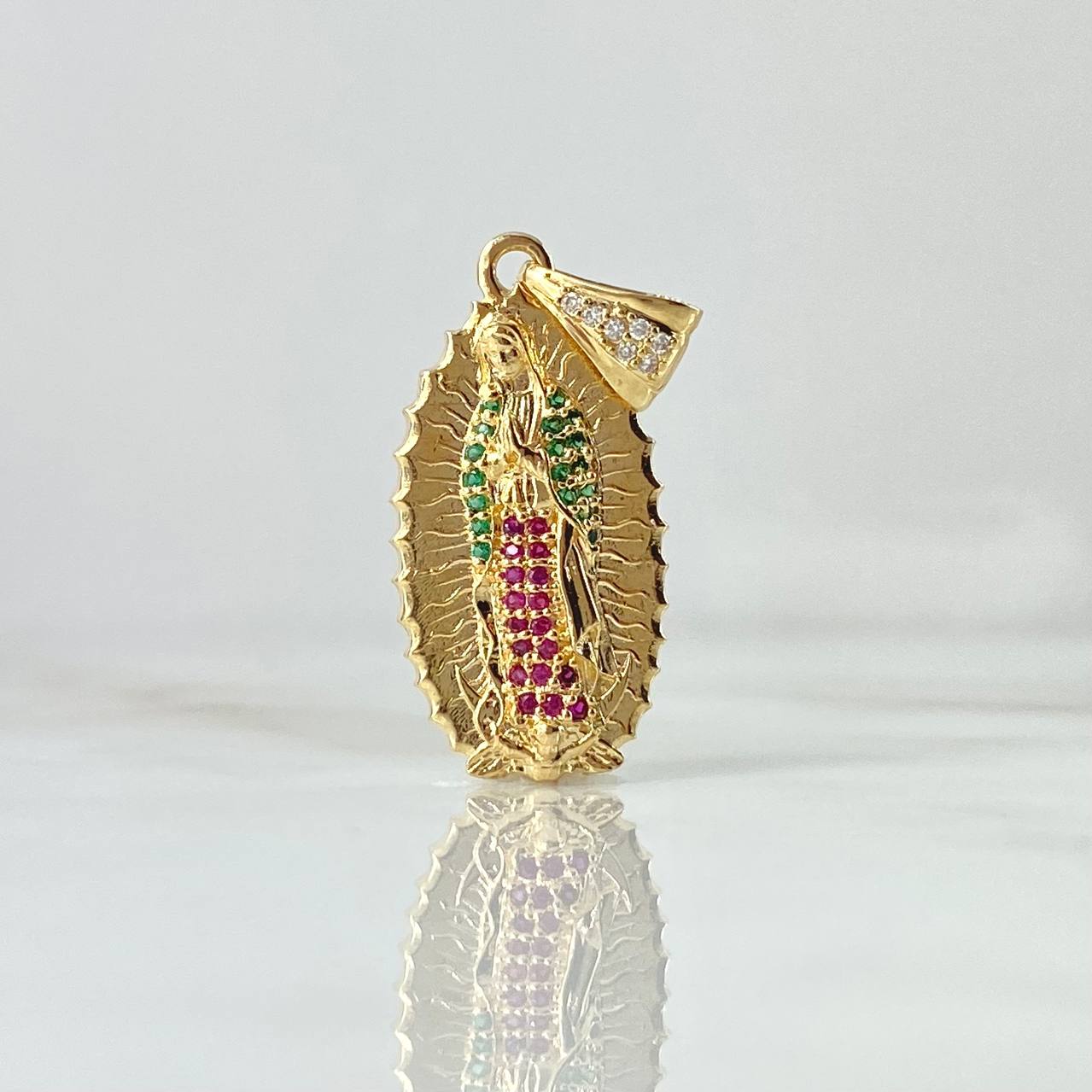 Dije Virgen Guadalupe Silueta 3.55gr / 3.5cm / Circones Blancos Verdes Fucsias Oro Amarillo 18K ©