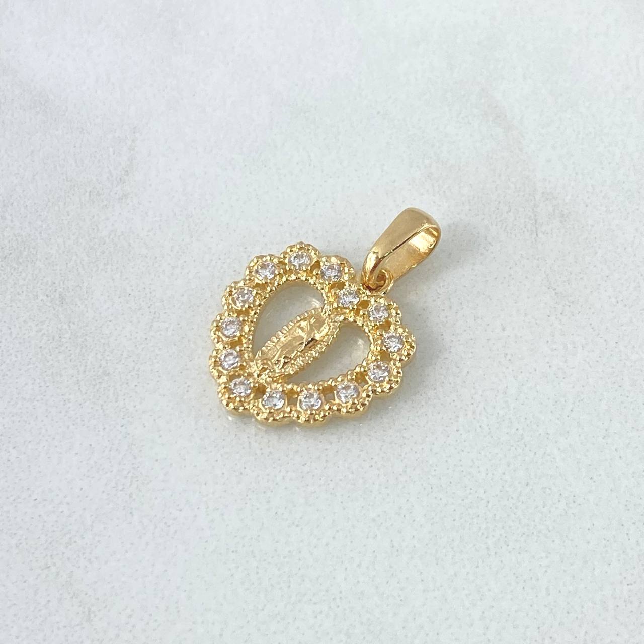 Dije Corazón Virgen Guadalupe 2.2gr / 2cm / Circones Blancos Oro Amarillo 18K *