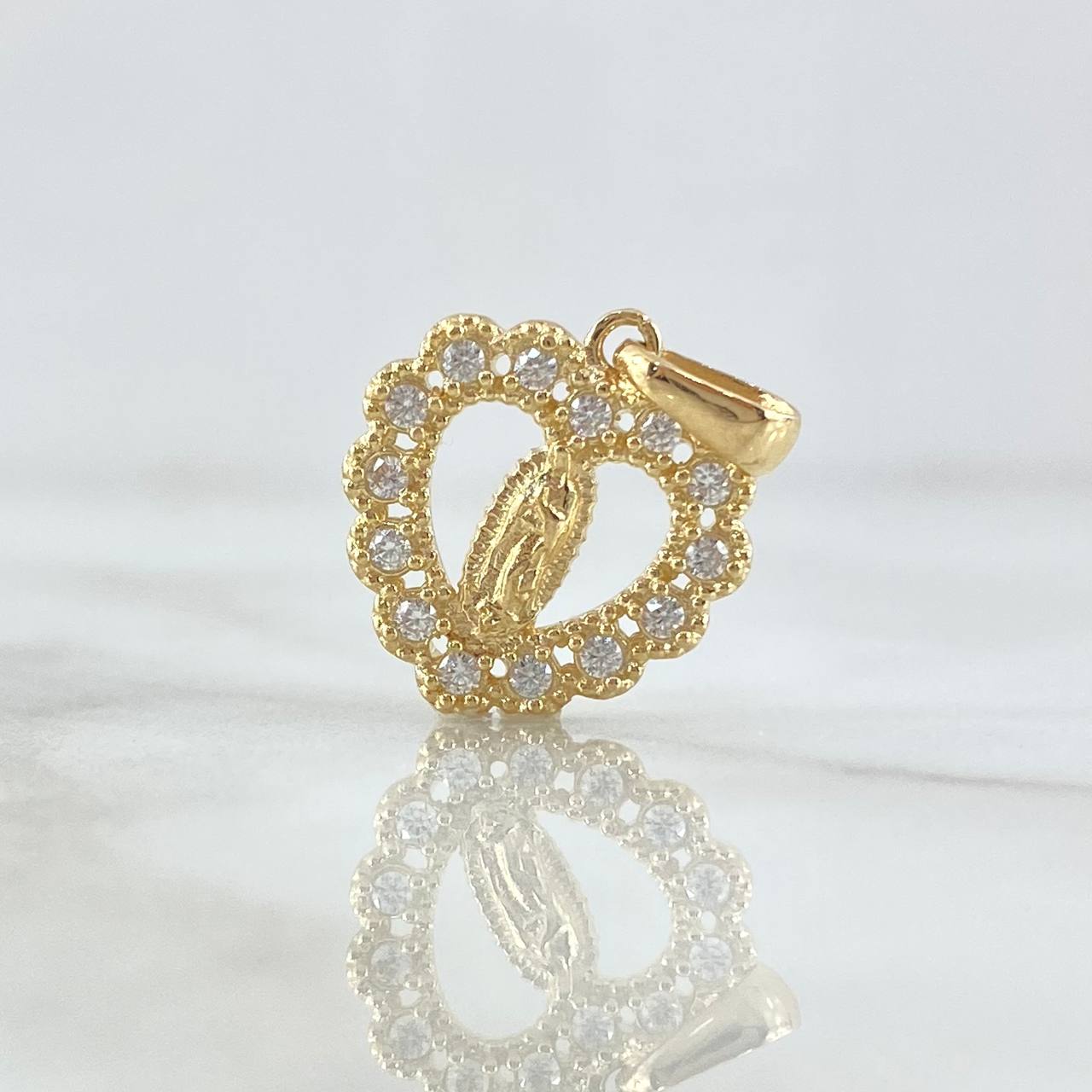 Dije Corazón Virgen Guadalupe 2.2gr / 2cm / Circones Blancos Oro Amarillo 18K *