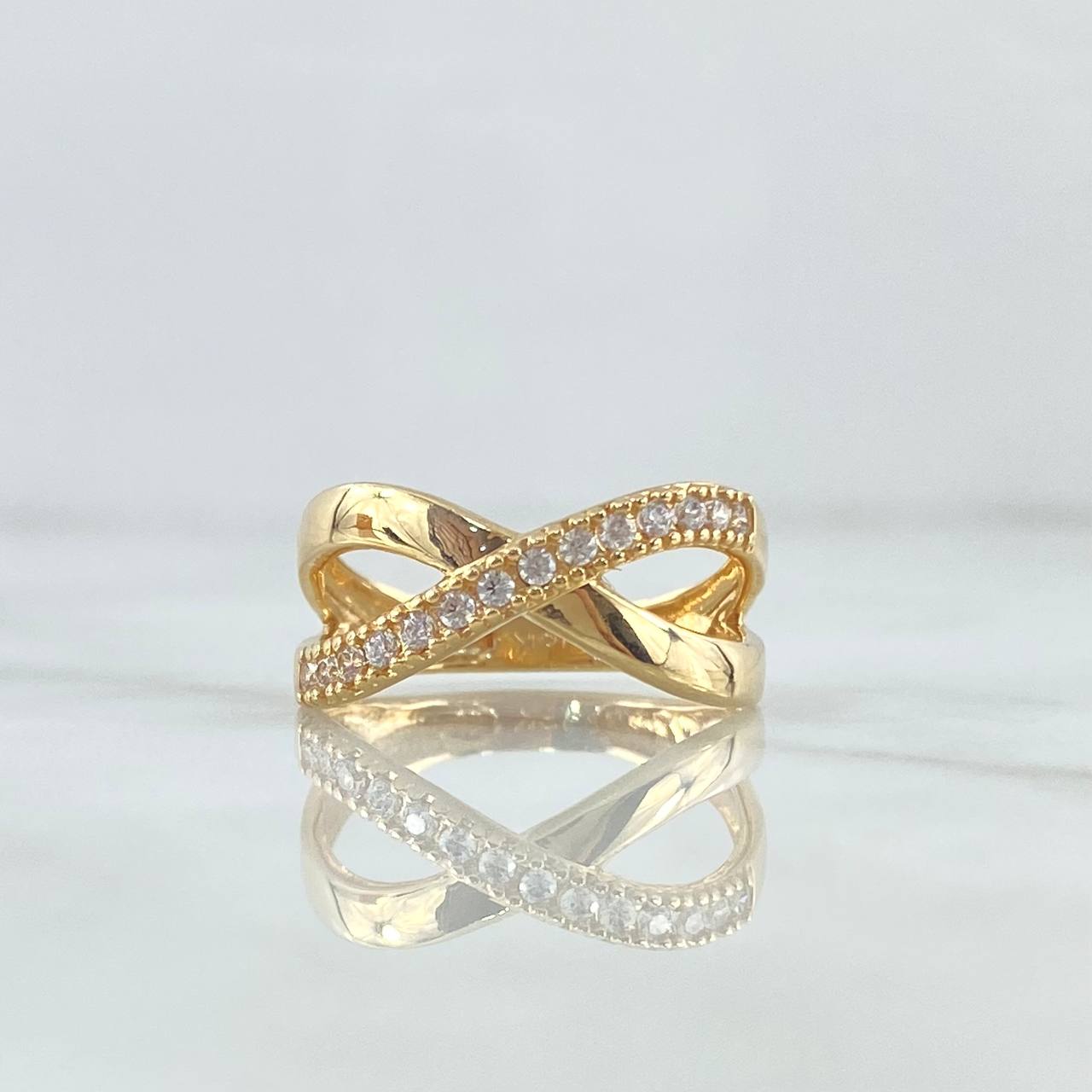 Anillo Lineas Cruzadas 3.4gr / T7 1/4 / Circones Blancos Oro Amarillo 18K *