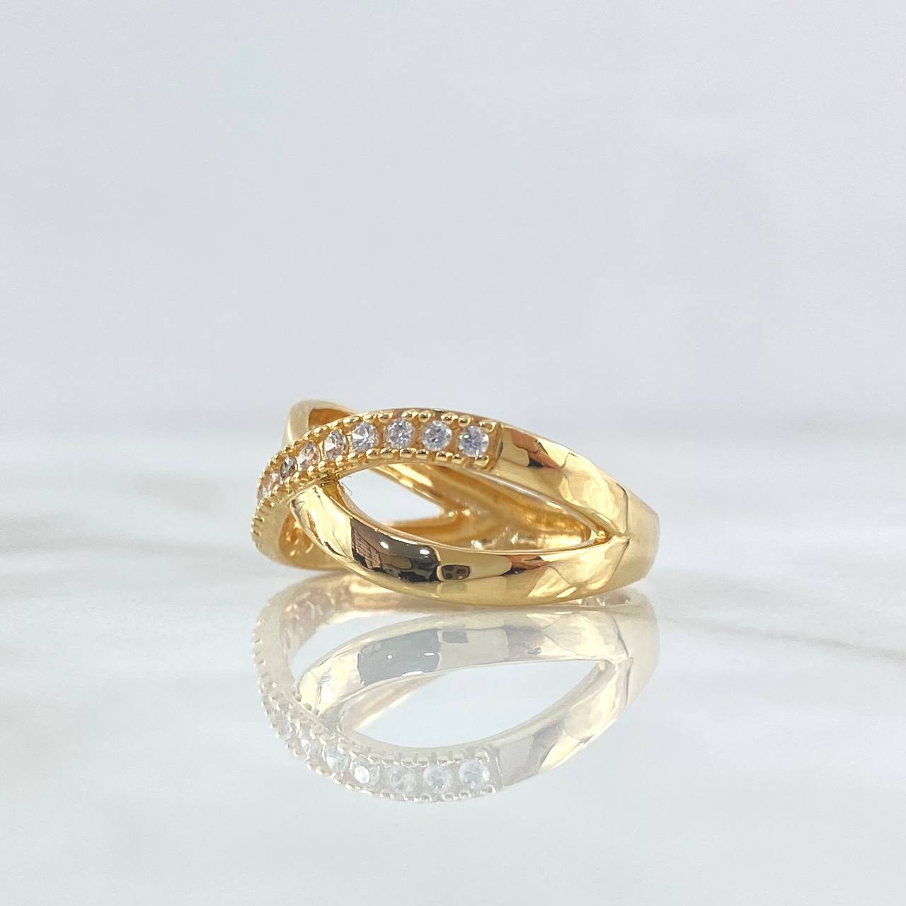 Anillo Lineas Cruzadas 3.4gr / T7 1/4 / Circones Blancos Oro Amarillo 18K *