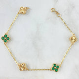 Pulso Aro Seguido Flor Trebol VCyA 5.4gr / 18cm / 1.5mm Diamantado Circones Verdes Oro Amarillo Nac.Esp. 18K *