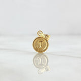 Dije Letra J Redonda 0.4gr / 1.5cm / Cargador Bordeado-Troquelada-Borde Liso Oro Amarillo 18K