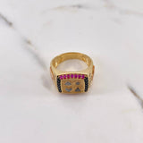 Anillo Poker 9.7gr / T9 3/4 / Circones Negros Fucsias Tres Oros 18K $