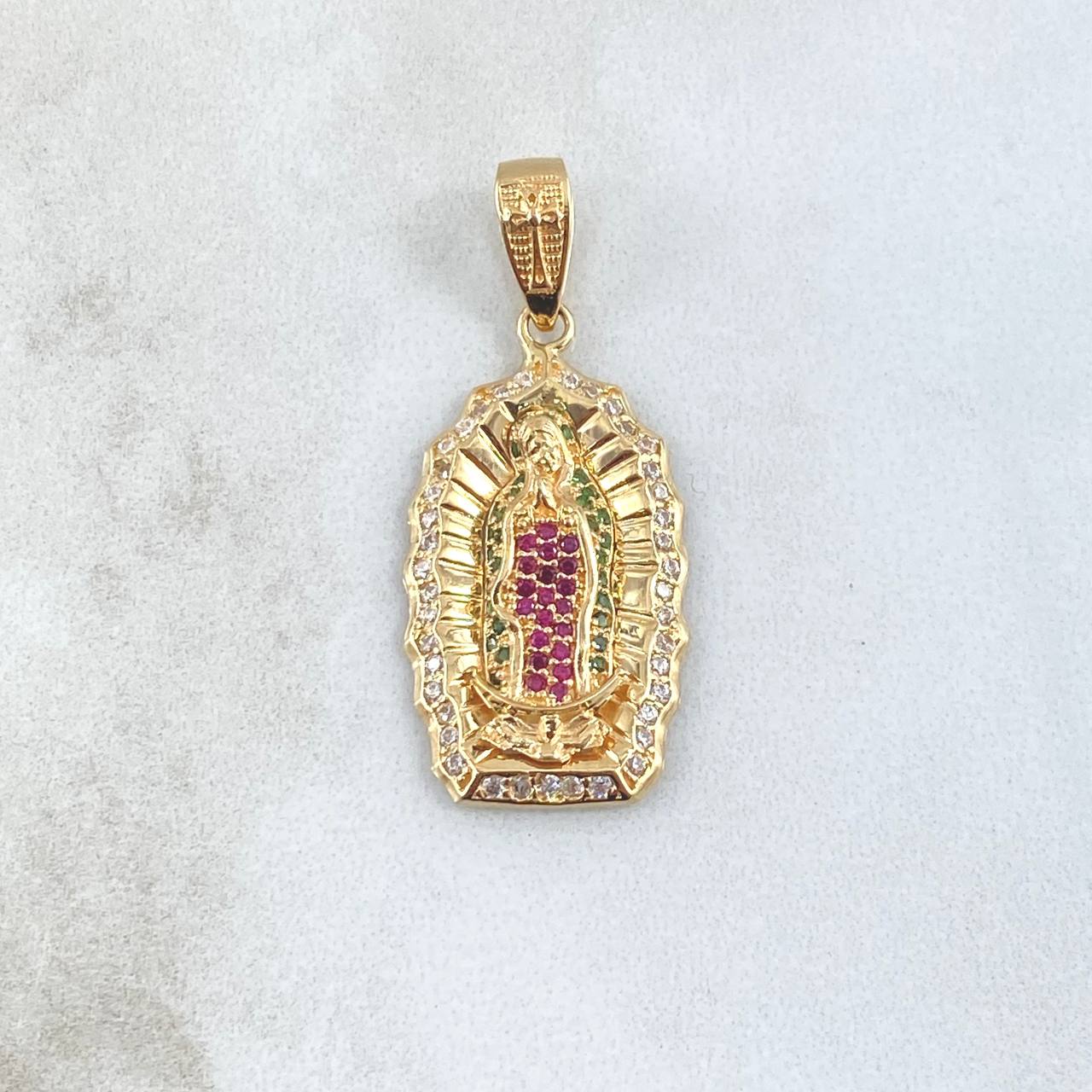 Dije Virgen Guadalupe Silueta Doble 5.3gr / 4cm / Circones Blancos Verdes Fucsia  Oro Amarillo 18K