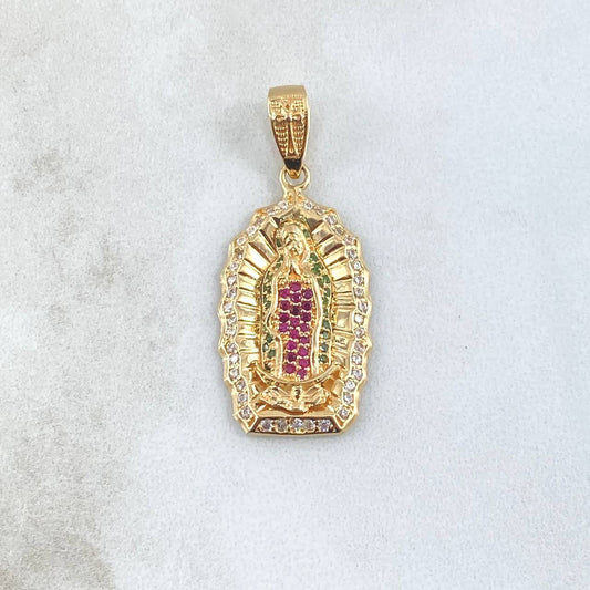 Dije Virgen Guadalupe Silueta Doble 5.3gr / 4cm / Circones Blancos Verdes Fucsia  Oro Amarillo 18K