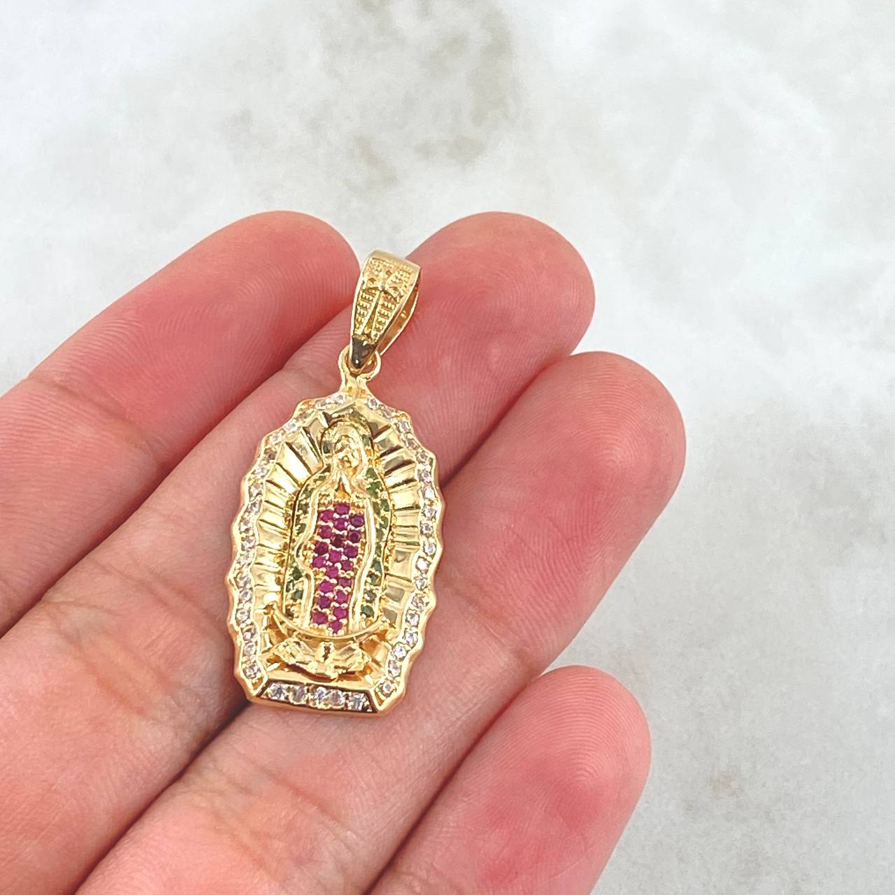 Dije Dije Virgen Guadalupe Silueta Doble 5.1gr / 4cm / Circones Blancos Verdes Fucsia  Oro Amarillo 18K