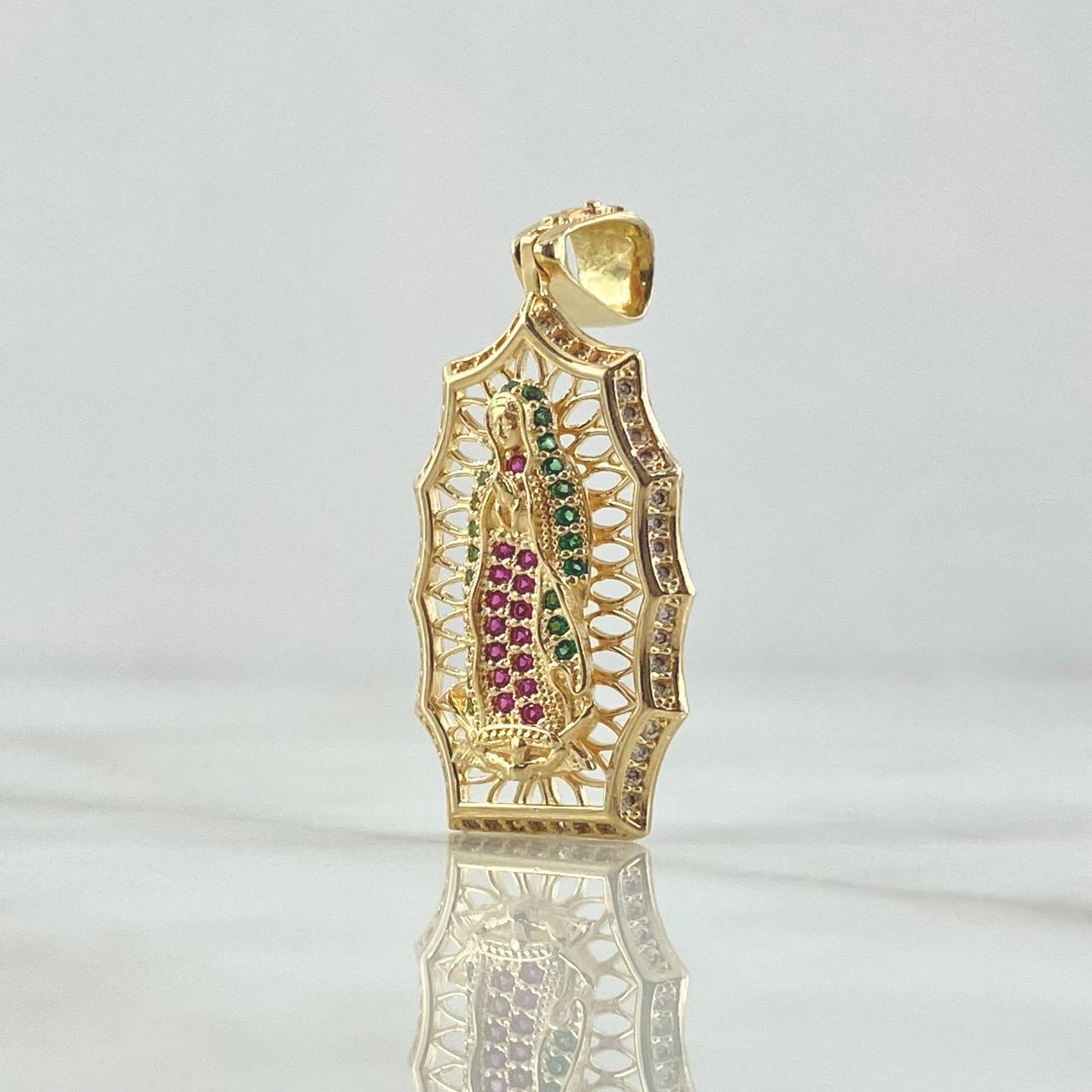 Dije Virgen Guadalupe Filigrana 4.7gr / 4.1cm / Circones Blancos Verdes Fucsias Oro Amarillo 18K ©