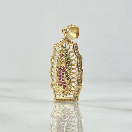 Dije Virgen Guadalupe Filigrana 4.7gr / 4.1cm / Circones Blancos Verdes Fucsias Oro Amarillo 18K ©