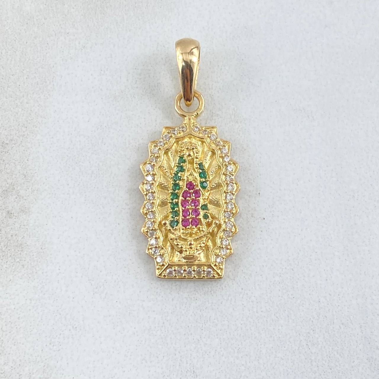 Dije Virgen Guadalupe Silueta Doble 3.65gr / 3.5cm / Circones Blancos Verdes Fucsia Oro Amarillo 18K ©