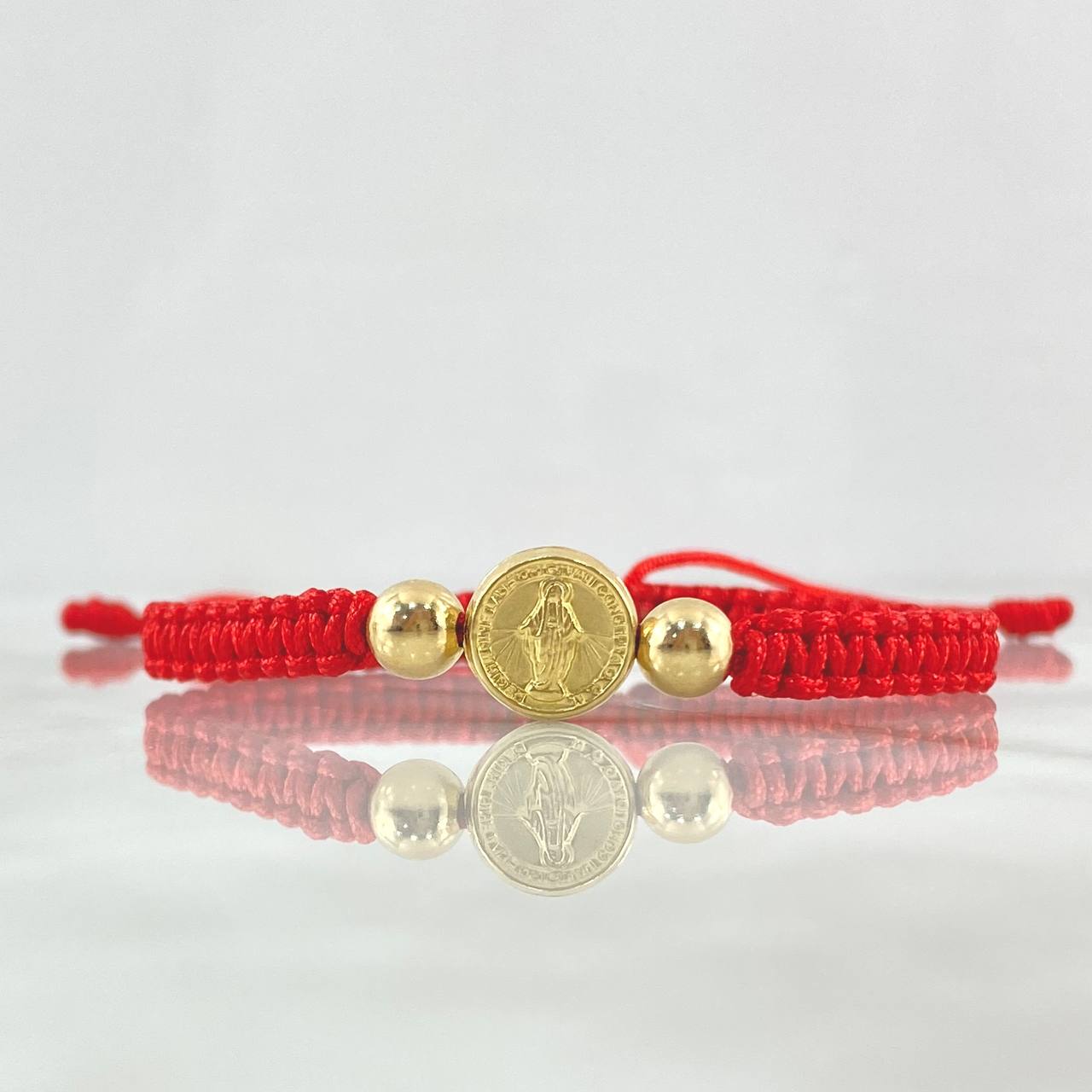 Pulsera Roja Herraje de Virgen Milagrosa 0.8gr / 6mm Bolas Lisas Oro Amarillo 18K