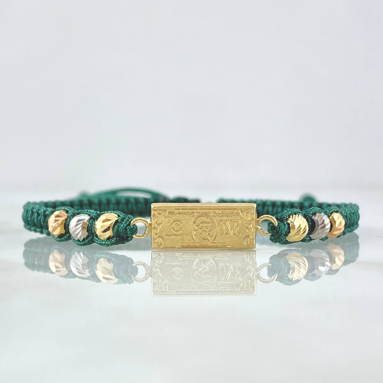 Pulsera Verde Militar Herraje de Dólar 1.45gr / 4mm Bolas Diamantadas Tres Oros 18K