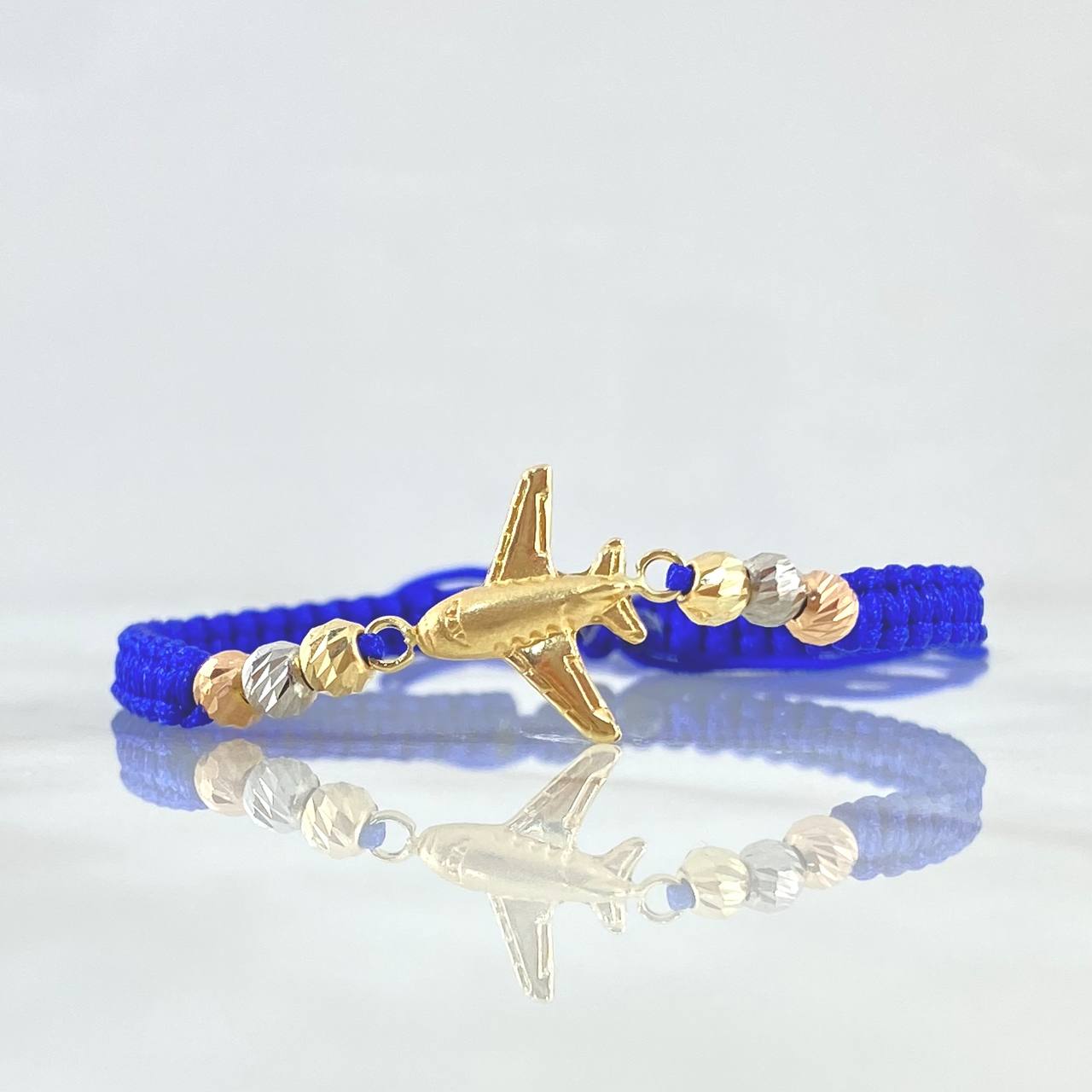 Pulsera Azul Herraje de Avión 1.45gr / 4mm Bolas Diamantadas Tres Oros 18K