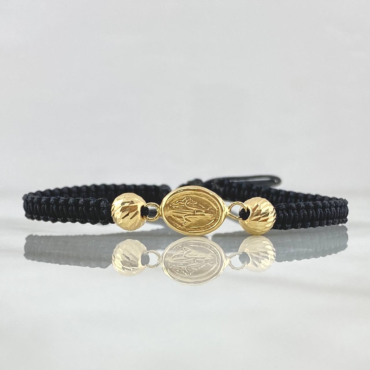 Pulsera Negra Herraje de Virgen Milagrosa 1gr / 6mm Bolas Diamantadas Oro Amarillo 18K