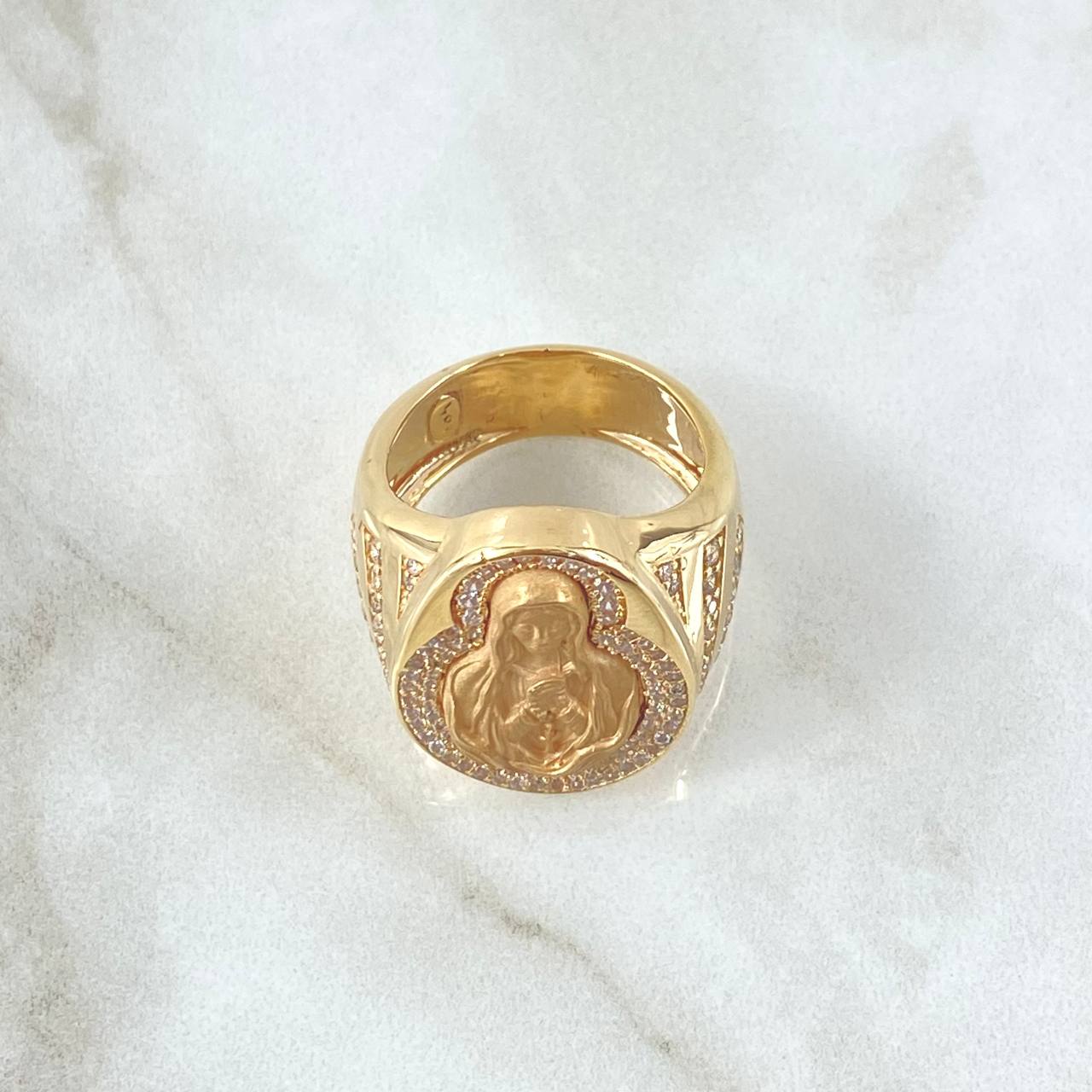 Anillo Virgen De Los Dolores 14.7gr / T8 1/2 / Circones Blancos Oro Amarillo *