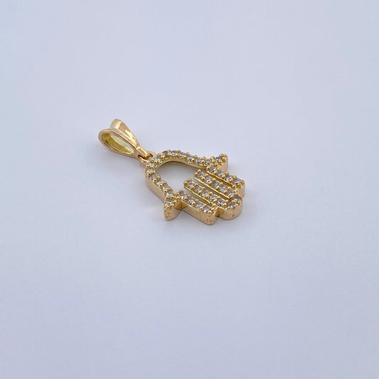 Dije Mano Hamsa 1.15gr / 2cm / Circones Blancos Oro Amarillo 18K &