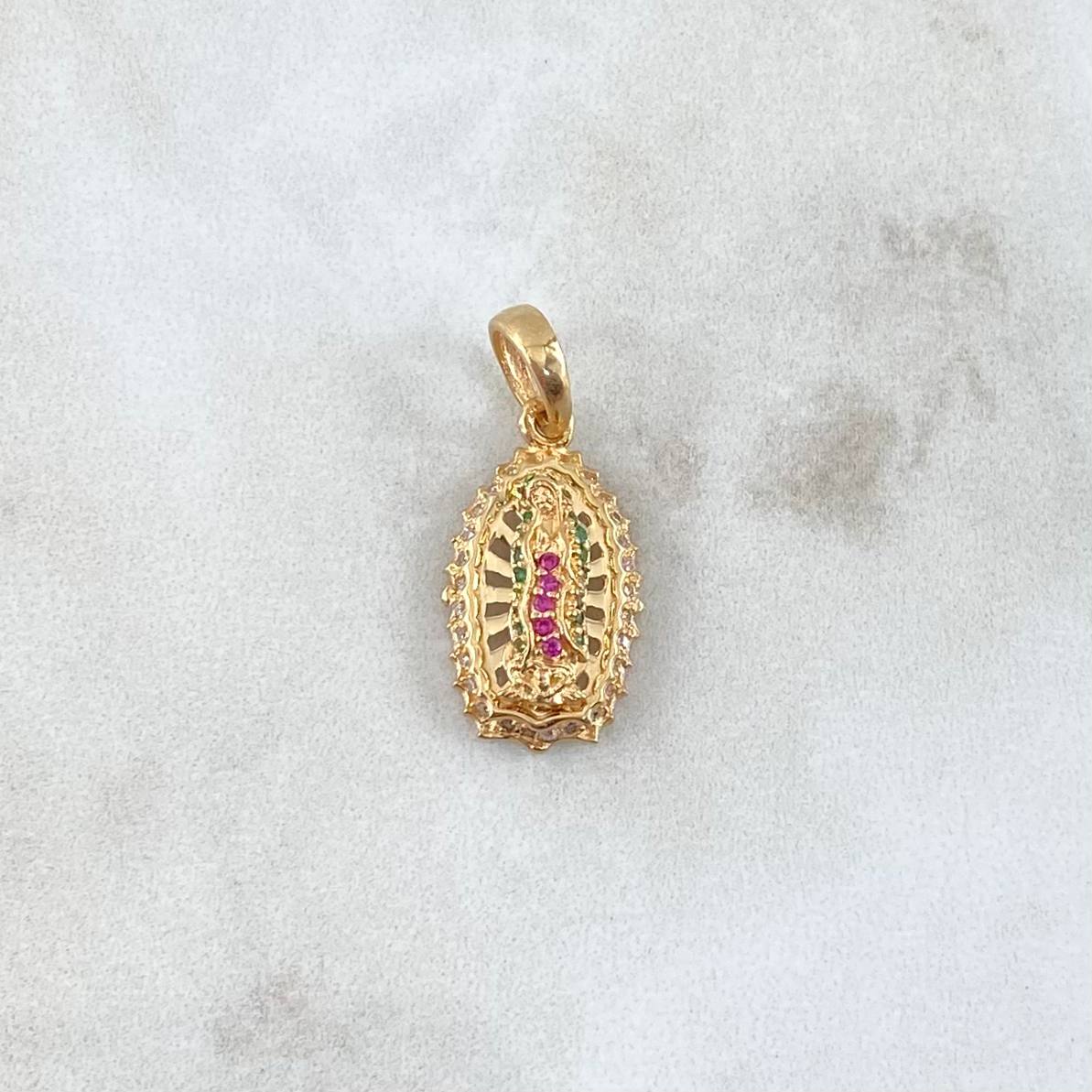 Dije Virgen Guadalupe 2.85gr / 2.7cm / Circones Blancos Verdes Fucsia Oro Amarillo 18K *