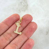 Dije Letra L Corona 1.2gr / 2.5cm / Circones Blancos Oro Amarillo 18K *