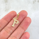 Dije Letra P Corona 1.2gr / 2.5cm / Circones Blancos Oro Amarillo 18K