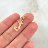 Dije Letra J Corona 1.2gr / 2.5cm / Circones Blancos Oro Amarillo 18K